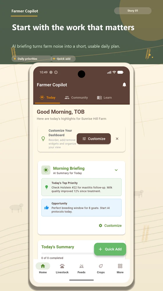 Farmer Copilot Today dashboard on a phone